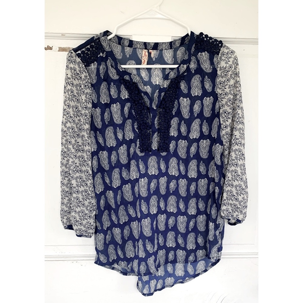 Red Camel Boho Paisley Sheer 3/4 Sleeve Top XS